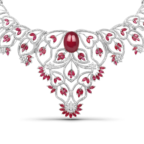 Ruby-45.56 Carat Genuine Glass Filled Ruby and White Diamond .925 Sterling Silver Necklace