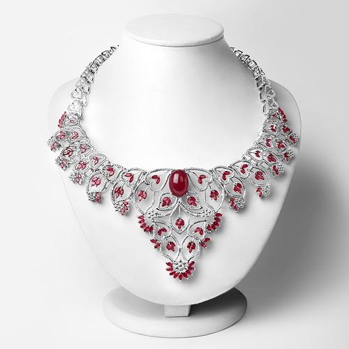 45.56 Carat Genuine Glass Filled Ruby and White Diamond .925 Sterling Silver Necklace
