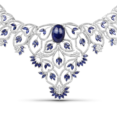 Sapphire-40.93 Carat Genuine Glass Filled Sapphire and White Diamond .925 Sterling Silver Necklace