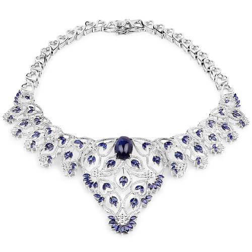 40.93 Carat Genuine Glass Filled Sapphire and White Diamond .925 Sterling Silver Necklace