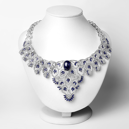 40.93 Carat Genuine Glass Filled Sapphire and White Diamond .925 Sterling Silver Necklace