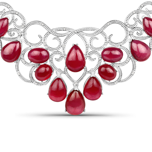 Ruby-213.20 Carat Genuine Glass Filled Ruby and White Diamond .925 Sterling Silver Necklace