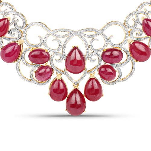 Ruby-213.20 Carat Glass Filled Ruby and White Diamond .925 Sterling Silver Necklace