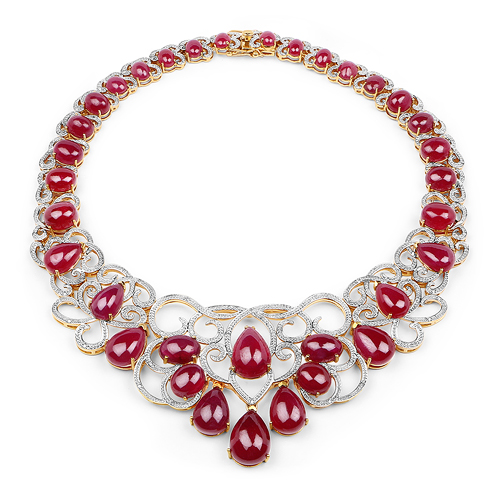 213.20 Carat Glass Filled Ruby and White Diamond .925 Sterling Silver Necklace