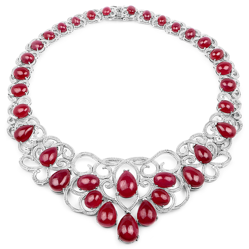 213.20 Carat Genuine Glass Filled Ruby and White Diamond .925 Sterling Silver Necklace