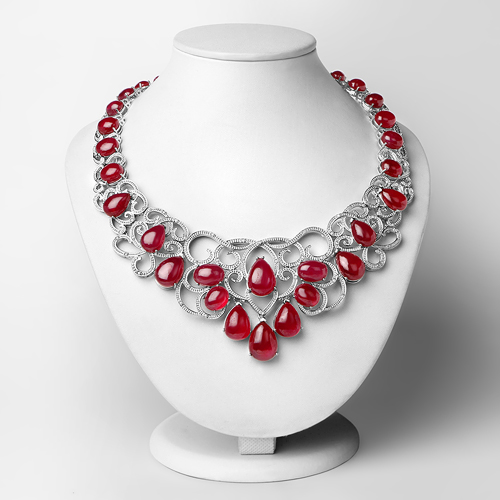 213.20 Carat Genuine Glass Filled Ruby and White Diamond .925 Sterling Silver Necklace