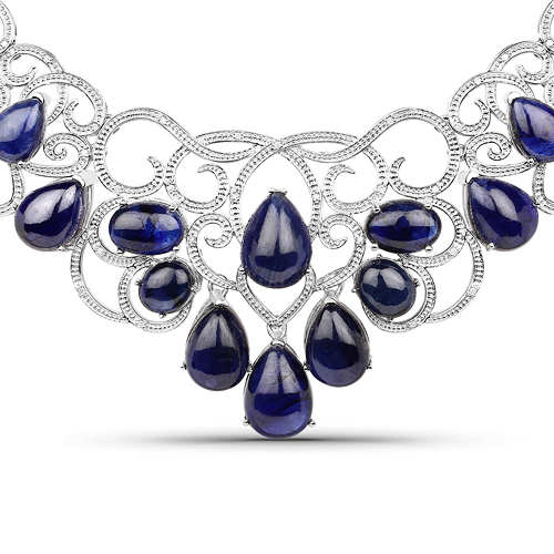 Sapphire-222.88 Carat Genuine Glass Filled Sapphire and White Diamond .925 Sterling Silver Necklace