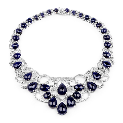 222.88 Carat Genuine Glass Filled Sapphire and White Diamond .925 Sterling Silver Necklace