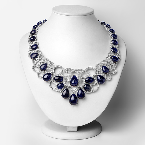 222.88 Carat Genuine Glass Filled Sapphire and White Diamond .925 Sterling Silver Necklace