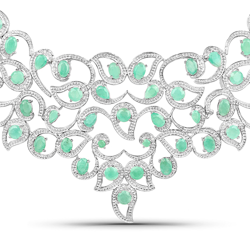 Emerald-29.17 Carat Genuine Emerald and White Diamond .925 Sterling Silver Necklace