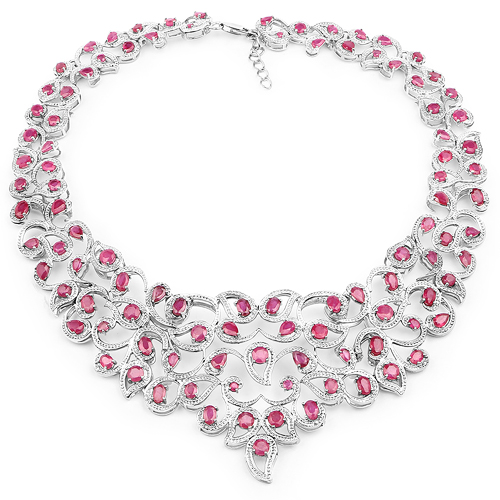 42.56 Carat Genuine Glass Filled Ruby and White Diamond .925 Sterling Silver Necklace