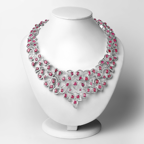 42.56 Carat Genuine Glass Filled Ruby and White Diamond .925 Sterling Silver Necklace