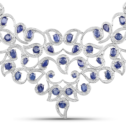 Sapphire-41.19 Carat Genuine Glass Filled Sapphire and White Diamond .925 Sterling Silver Necklace