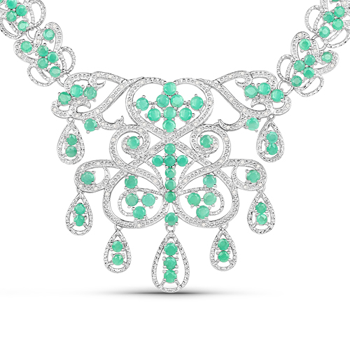 Emerald-19.18 Carat Genuine Emerald and White Diamond .925 Sterling Silver Necklace