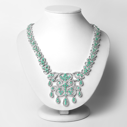 19.18 Carat Genuine Emerald and White Diamond .925 Sterling Silver Necklace