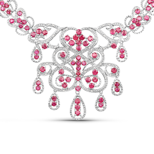 Ruby-29.12 Carat Genuine Glass Filled Ruby and White Diamond .925 Sterling Silver Necklace