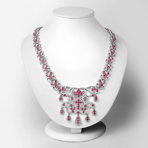 29.12 Carat Genuine Glass Filled Ruby and White Diamond .925 Sterling Silver Necklace