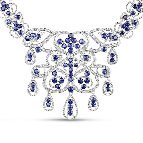 Sapphire-26.37 Carat Genuine Glass Filled Sapphire and White Diamond .925 Sterling Silver Necklace