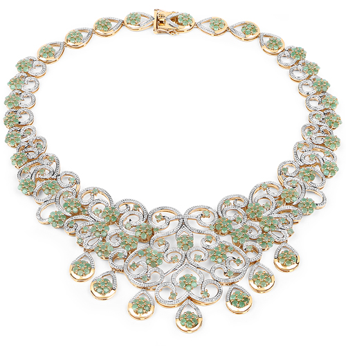 18K Yellow Gold Plated 22.41 Carat Genuine Emerald and White Diamond .925 Sterling Silver Necklace