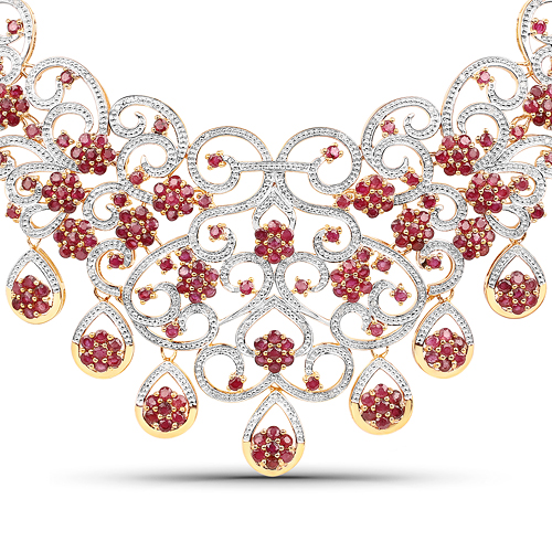 Ruby-18K Yellow Gold Plated 39.19 Carat Genuine Glass Filled Ruby and White Diamond .925 Sterling Silver Necklace