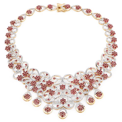 18K Yellow Gold Plated 39.19 Carat Genuine Glass Filled Ruby and White Diamond .925 Sterling Silver Necklace