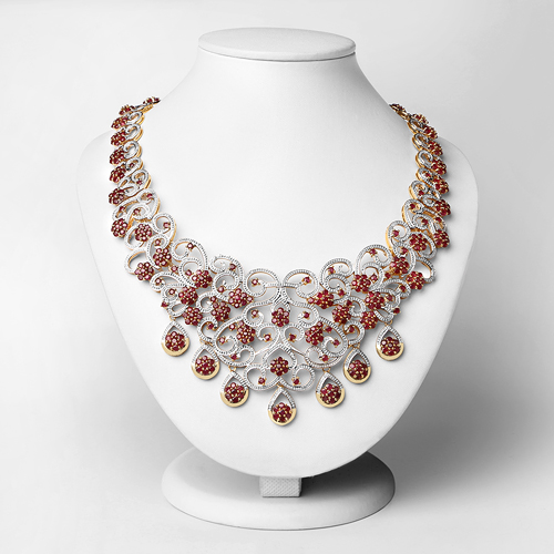 18K Yellow Gold Plated 39.19 Carat Genuine Glass Filled Ruby and White Diamond .925 Sterling Silver Necklace