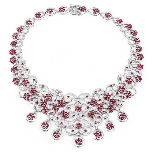 39.19 Carat Genuine Glass Filled Ruby and White Diamond .925 Sterling Silver Necklace