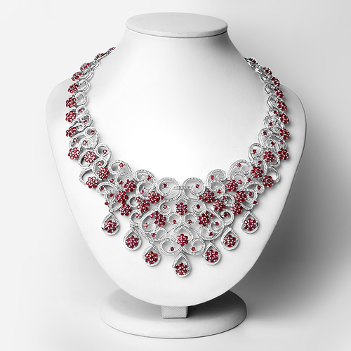 39.19 Carat Genuine Glass Filled Ruby and White Diamond .925 Sterling Silver Necklace