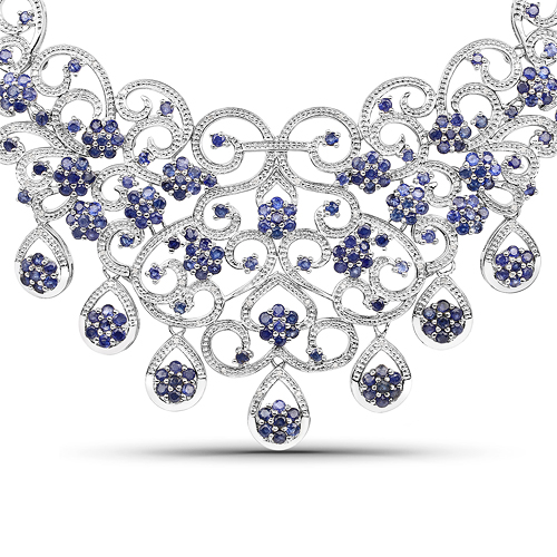 Sapphire-32.28 Carat Genuine Glass Filled Sapphire and White Diamond .925 Sterling Silver Necklace
