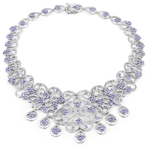 28.33 Carat Genuine Tanzanite and White Diamond .925 Sterling Silver Necklace