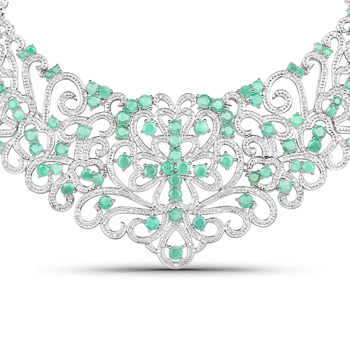 Emerald-21.76 Carat Genuine Emerald and White Diamond .925 Sterling Silver Necklace