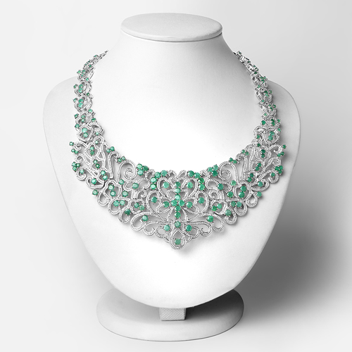 21.76 Carat Genuine Emerald and White Diamond .925 Sterling Silver Necklace