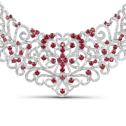 Ruby-31.81 Carat Genuine Glass Filled Ruby and White Diamond .925 Sterling Silver Necklace