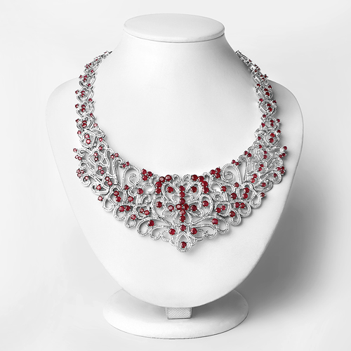 31.81 Carat Genuine Glass Filled Ruby and White Diamond .925 Sterling Silver Necklace