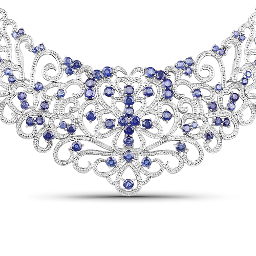 Sapphire-31.06 Carat Genuine Glass Filled Sapphire and White Diamond .925 Sterling Silver Necklace