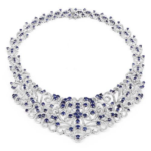 31.06 Carat Genuine Glass Filled Sapphire and White Diamond .925 Sterling Silver Necklace