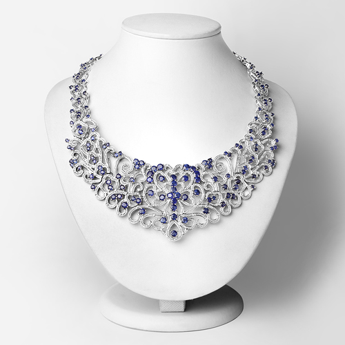 31.06 Carat Genuine Glass Filled Sapphire and White Diamond .925 Sterling Silver Necklace