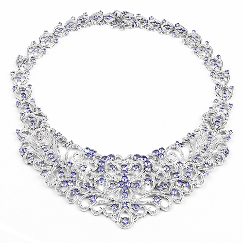 23.86 Carat Genuine Tanzanite and White Diamond .925 Sterling Silver Necklace