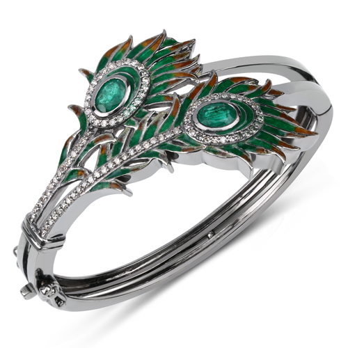 Bracelets-Emerald Bangle Bracelet, Natural Emerald, Diamonds with Designer Green Enamel Leaves, Black Rhodium Plated Silver Bangle Bracelet for Her