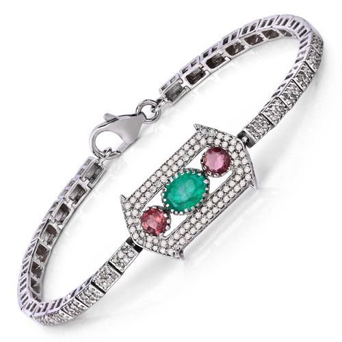 Bracelets-2.83 Carat Genuine Pink Tourmaline, Emerald and White Diamond .925 Sterling Silver Bracelet