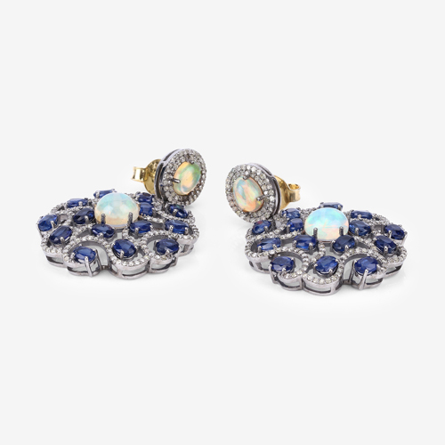 Kyanite Earrings, Natural Kyanite with Ethiopian Opal and Diamond Sterling Silver Dangle Earrings, Statement Earrings, Anniversary Gift