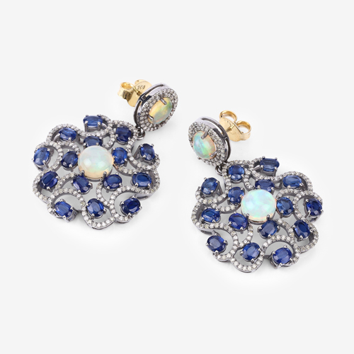 Kyanite Earrings, Natural Kyanite with Ethiopian Opal and Diamond Sterling Silver Dangle Earrings, Statement Earrings, Anniversary Gift