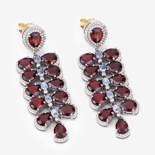 Garnet Earrings, Natural Garnet, Rainbow Opal with Diamonds Sterling Silver Dangle Drop Earrings, January Birthstone Earrings