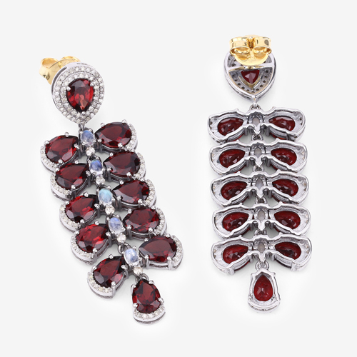 Garnet Earrings, Natural Garnet, Rainbow Opal with Diamonds Sterling Silver Dangle Drop Earrings, January Birthstone Earrings