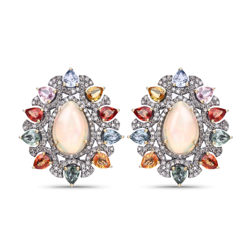 Earrings-Multi-Gemstone Earrings, Natural Pink Opal, Multi-Sapphire with Diamond Sterling Silver Earrings, Multi-Color Earrings, Birthstone Jewelry