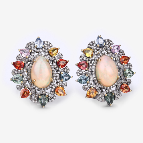 Multi-Gemstone Earrings, Natural Pink Opal, Multi-Sapphire with Diamond Sterling Silver Earrings, Multi-Color Earrings, Birthstone Jewelry