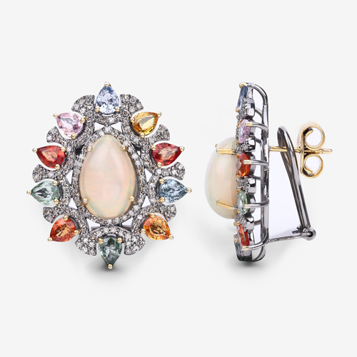 Multi-Gemstone Earrings, Natural Pink Opal, Multi-Sapphire with Diamond Sterling Silver Earrings, Multi-Color Earrings, Birthstone Jewelry