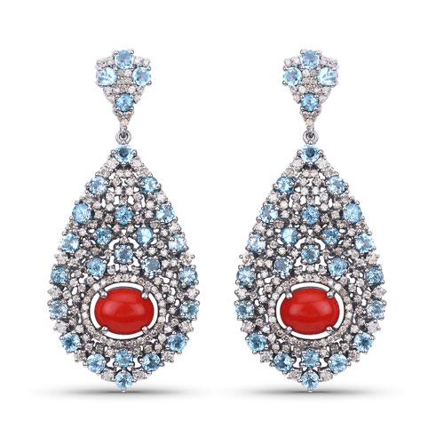 Earrings-Multi-Color Gemstone Earrings, Natural Coral, Blue Topaz with Diamond Sterling Silver Dangle Earrings, Statement Earrings, Anniversary Gift
