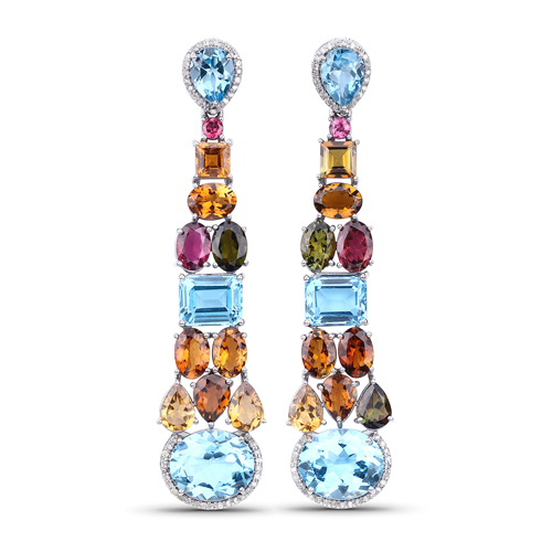 Earrings-Multi-Color Gemstone Earrings, Natural Blue Topaz, Multi-Tourmaline with Diamond Sterling Silver Dangle Drop Earrings, Birthstone Earrings