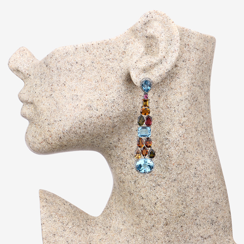 Multi-Color Gemstone Earrings, Natural Blue Topaz, Multi-Tourmaline with Diamond Sterling Silver Dangle Drop Earrings, Birthstone Earrings